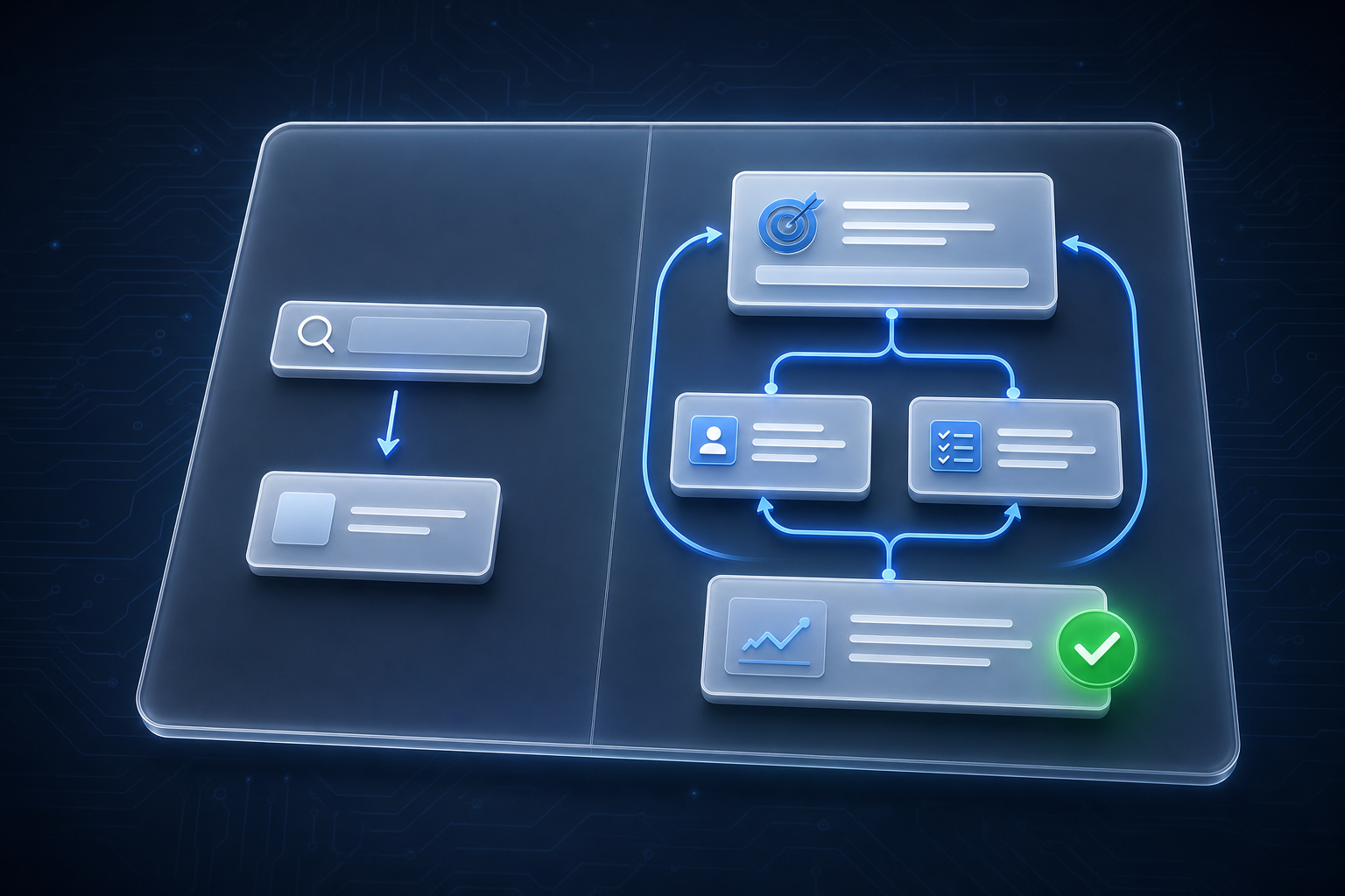 Two floating panels showing the contrast between a simple search box with one result versus a multi-step working session with goal, context, task cards, and iteration loops leading to a completed outcome.