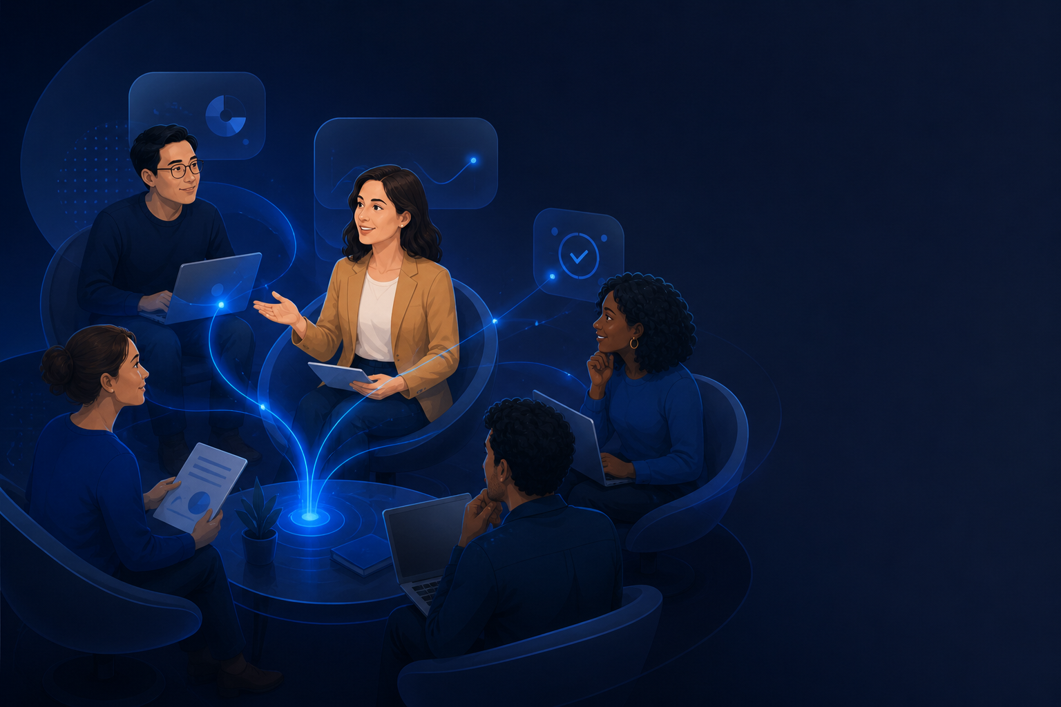 A professional at the center of a small team network, facilitating AI adoption and knowledge-sharing