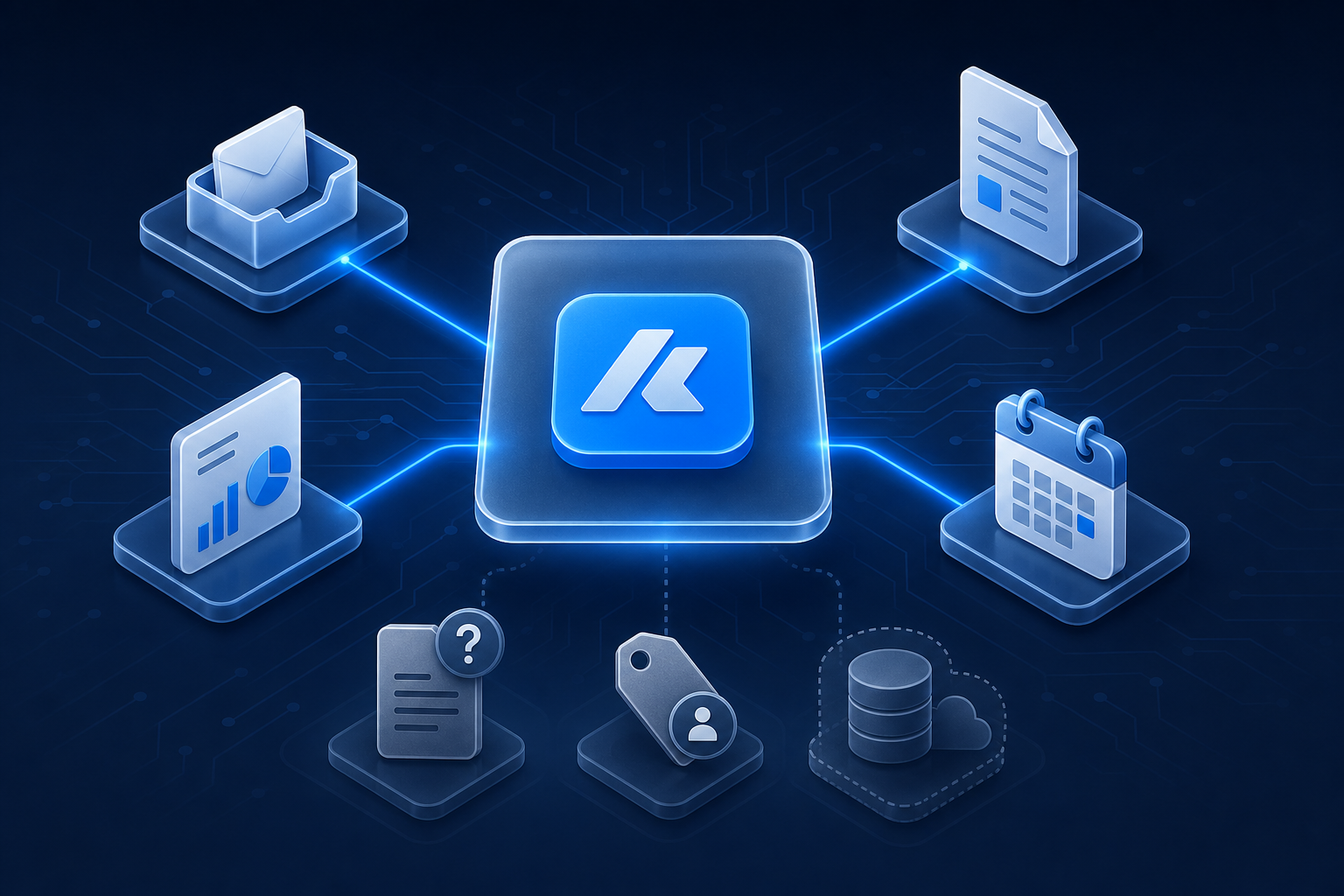 A floating frosted-glass panel showing an AI tool icon in the center connected via blue lines to multiple business process icons (inbox, document, report, calendar), with warning indicators below showing undocumented dependencies, single-vendor reliance, and no backup strategy.