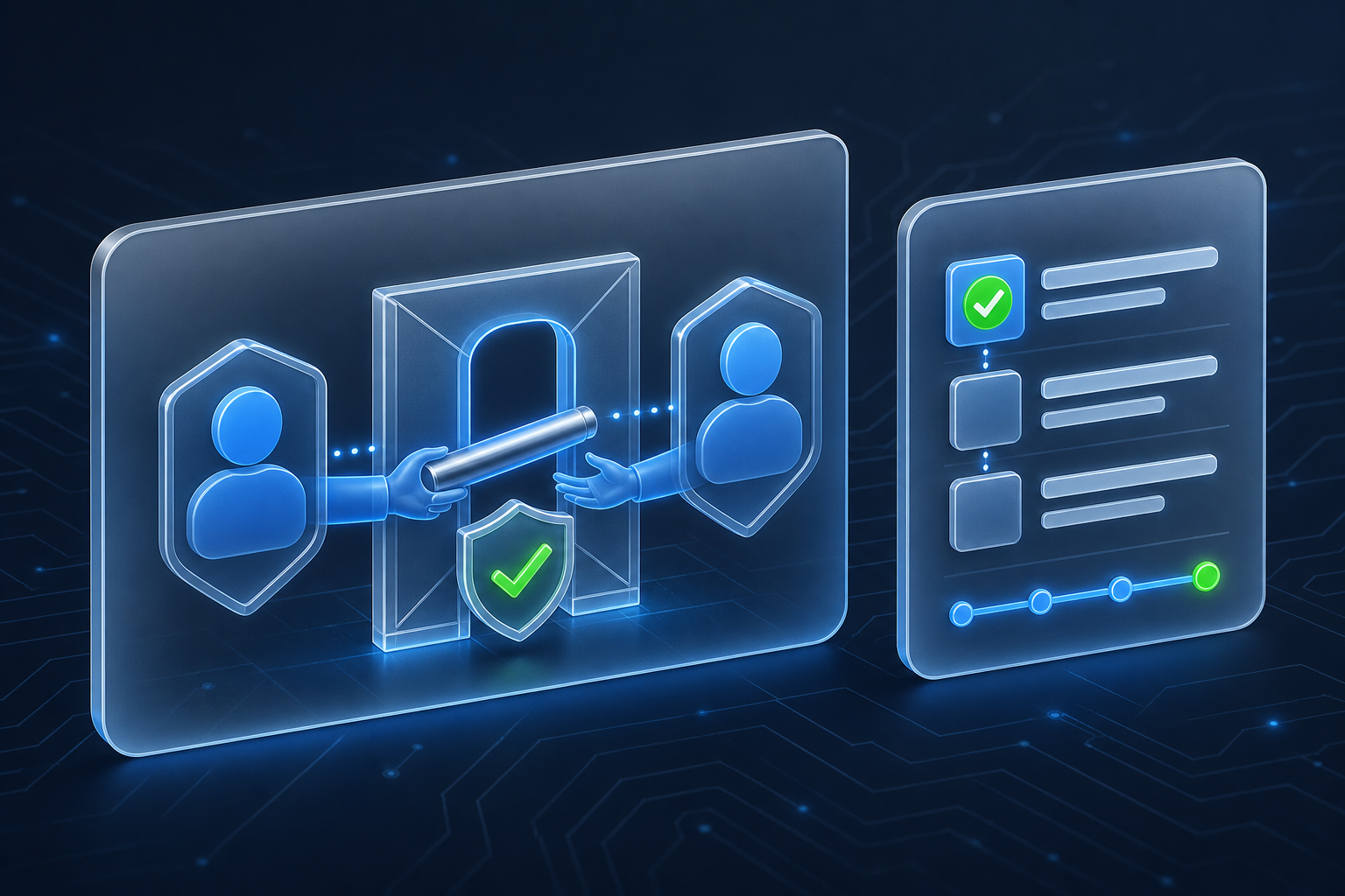 A frosted-glass panel showing an AI-generated document flowing through a central checkpoint gate with a green approval badge, representing controlled governance at the AI handoff moment.