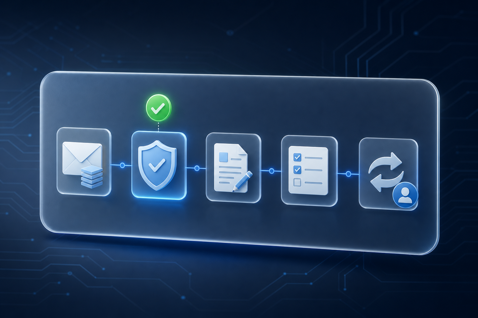 Floating frosted-glass panels showing email, approval checkpoints, draft documents, and task lists connected by blue workflow lines, with a single green check badge.