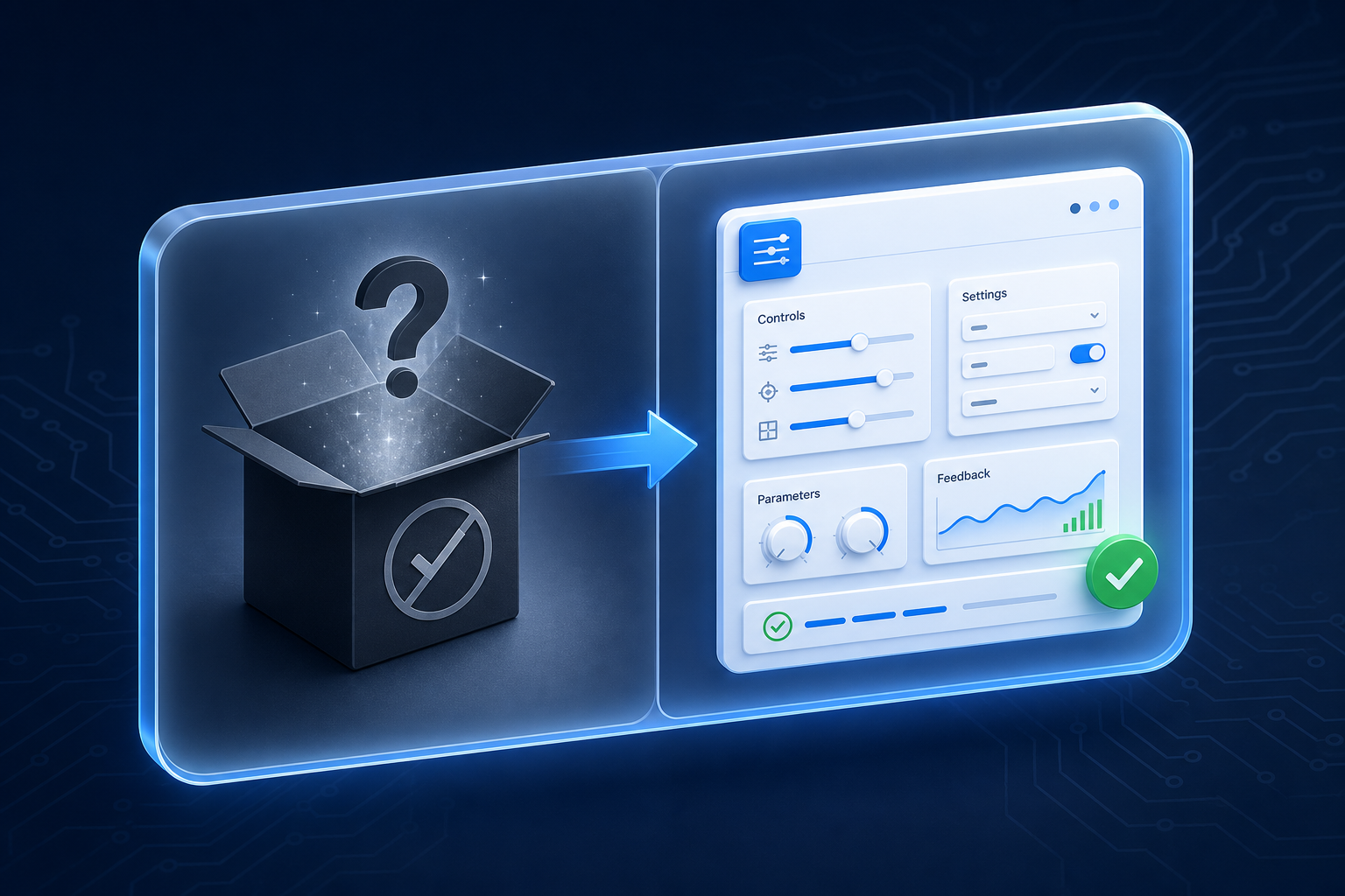 Split-panel comparison: left shows an AI badge surrounded by question marks and scattered icons; right shows the same AI badge connected by blue lines to organized context, process, and result elements with green success indicators.