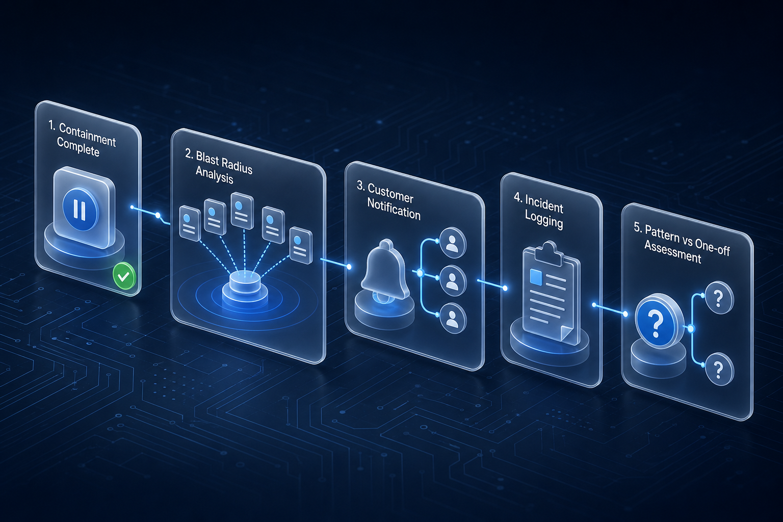 Incident response workflow showing automation pause, blast radius analysis, customer notification, incident logging, and pattern assessment steps.
