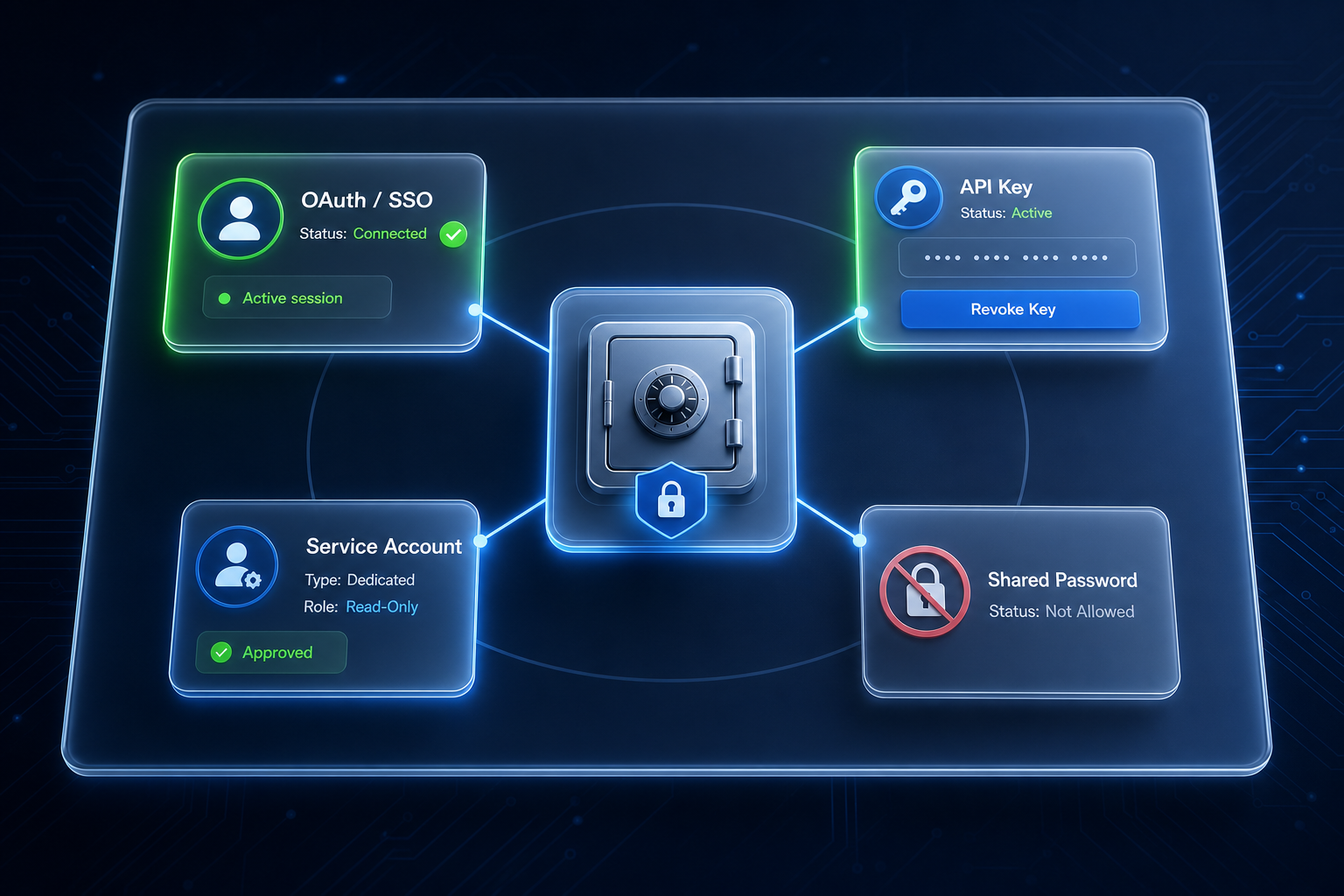 Diagram showing four secure access methods to a resource vault: OAuth/SSO with an active session timer, API keys with a revocation button, a dedicated service account, and a shared password marked as not recommended.