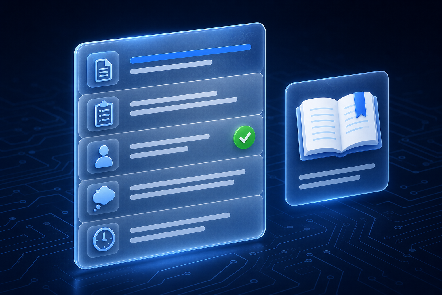 A frosted-glass single-page document card showing five decision-log field rows — header, decision, owner, reasoning, and revisit trigger — beside a smaller panel with an open book representing commentary on the why, with a green check on the owner row.