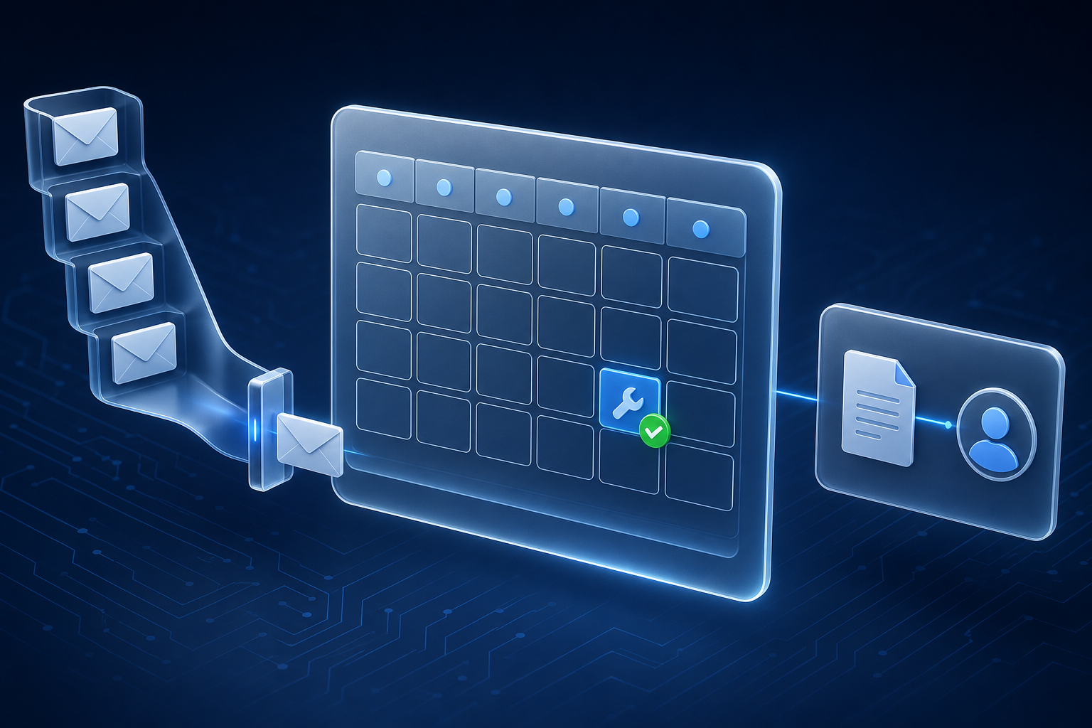 Floating frosted-glass panels show a calendar grid with open time slots, a narrowed funnel of incoming envelopes, and a draft card routed to an office manager avatar, with one green check on a booked slot.