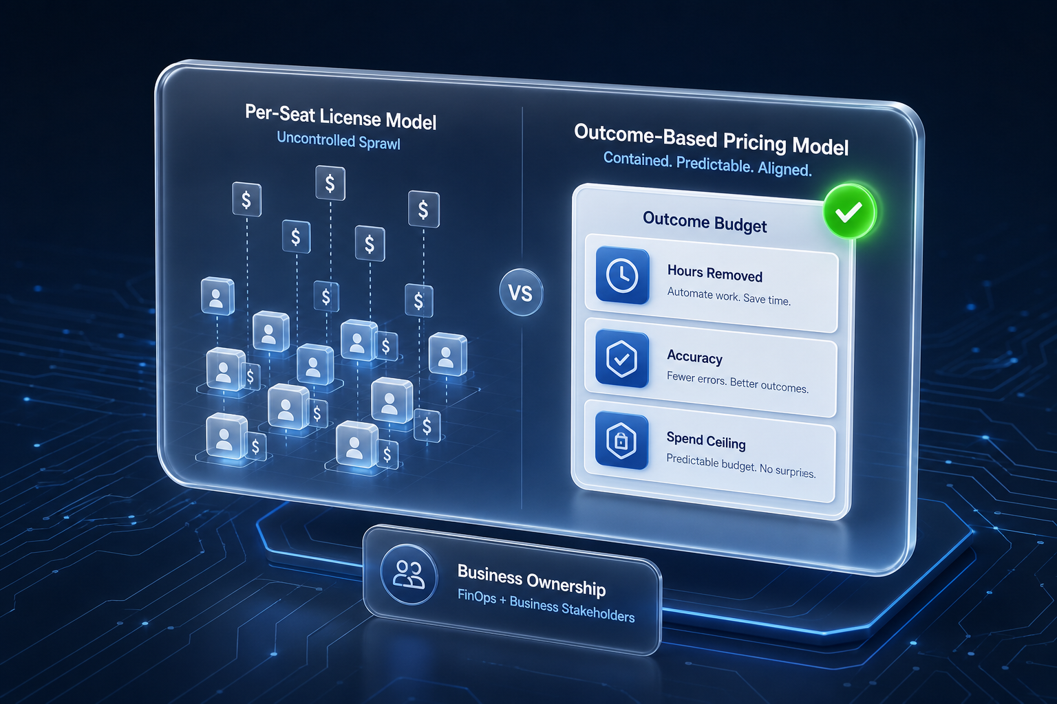 Cost model comparison: uncontrolled per-seat spending on left, capped outcome-based budget on right.