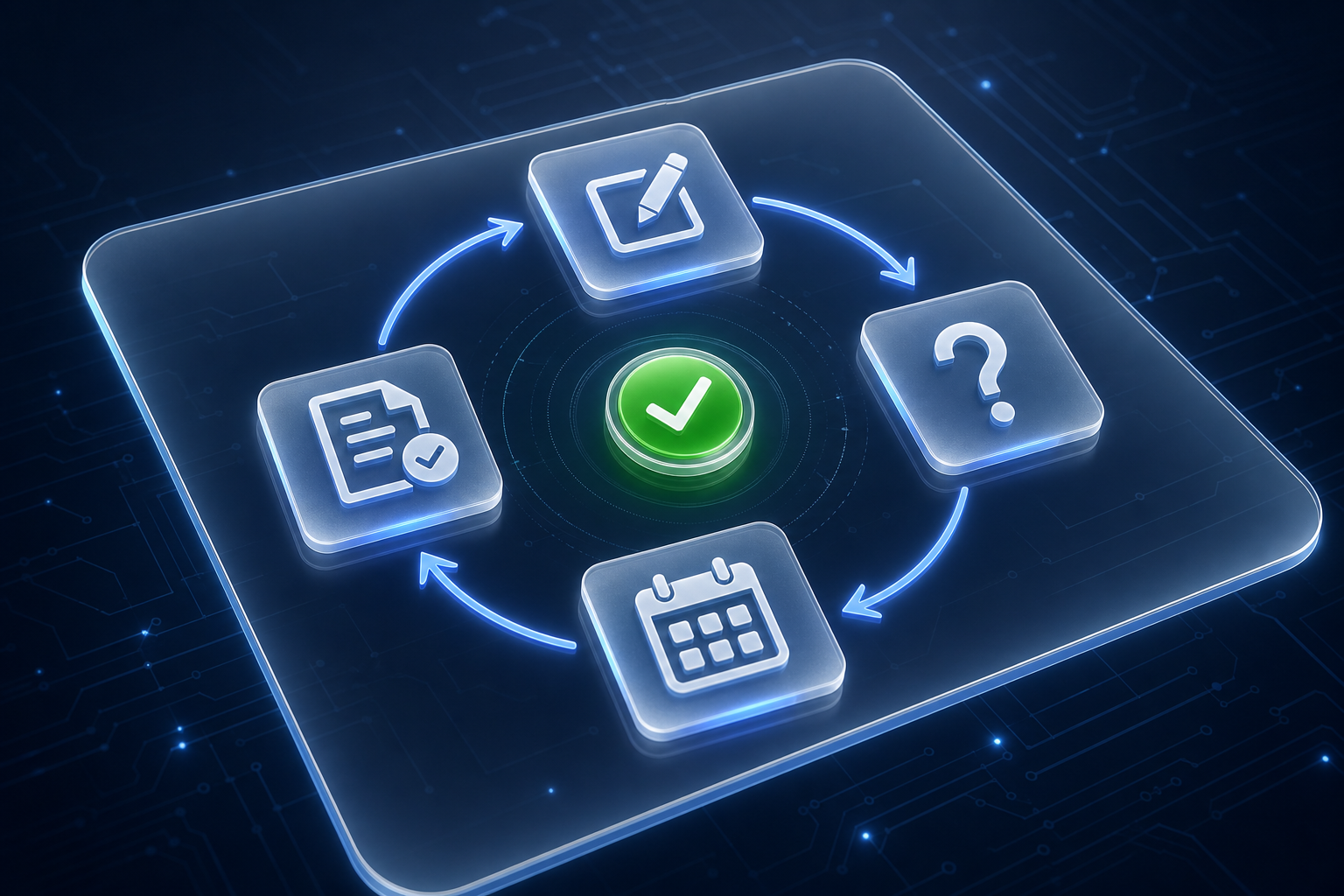 A circular workflow showing four frosted-glass panels connected by blue arrows: decision capture, task update, question feedback, and trigger review, with a green check badge marking the continuous loop.