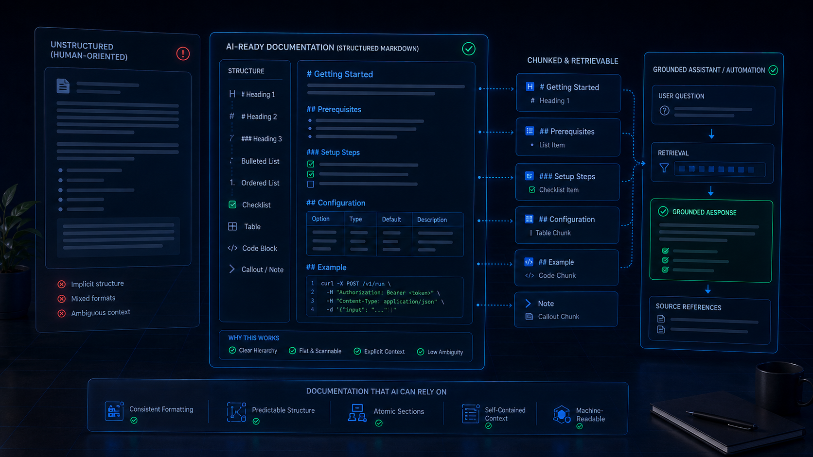 A clean, layered visualization of Markdown document structure showing clear heading hierarchy, semantic sections, and precise information flow for AI agent consumption