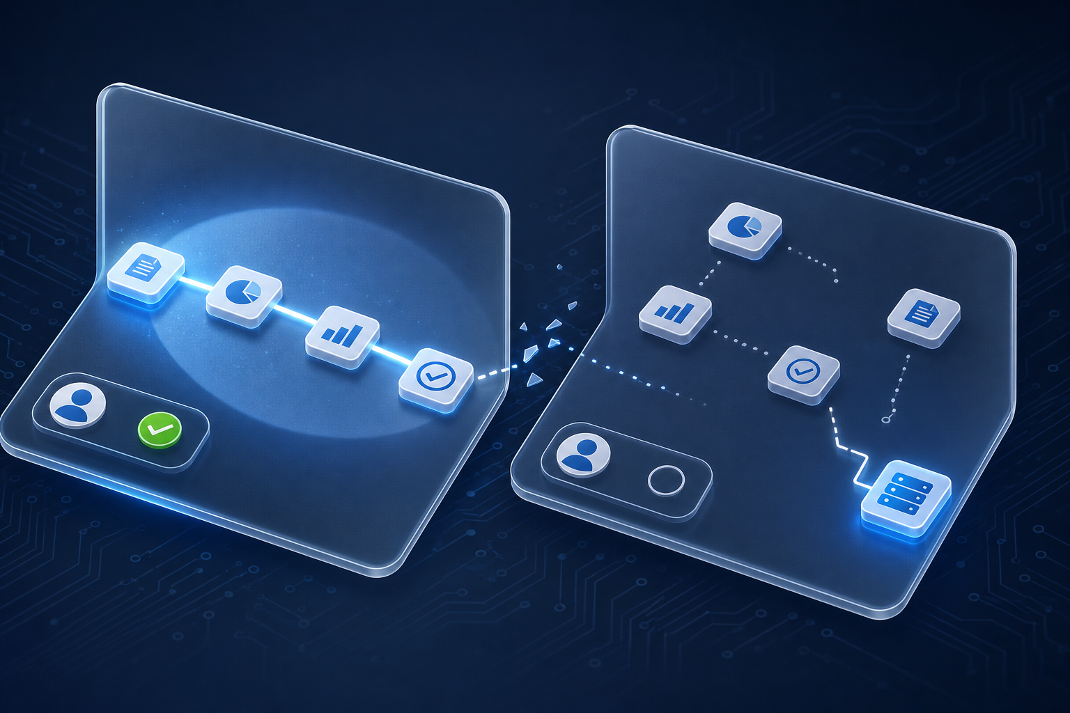 Two floating panels showing a workflow progression: left panel with focused nodes and an owner badge with green check mark, right panel with the same workflow dispersed and reverting to the old process path, illustrating how pilots succeed under special conditions then fade when attention moves away.