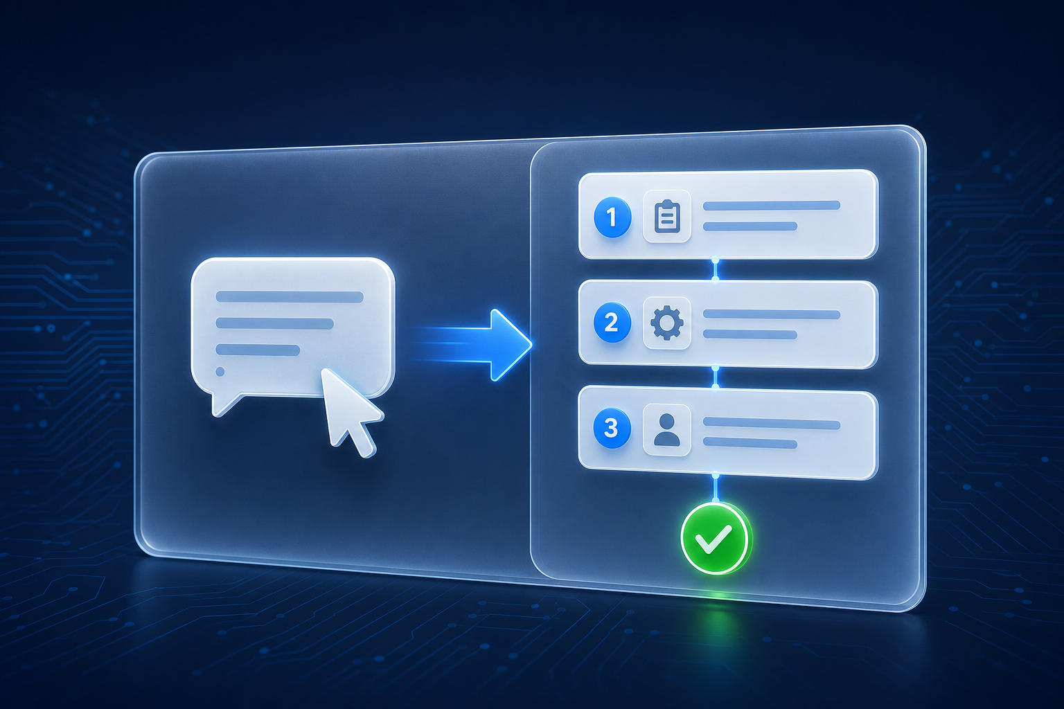 A floating frosted panel showing a single chat bubble transforming via blue arrow into a structured workflow card with numbered steps and a green success checkmark.