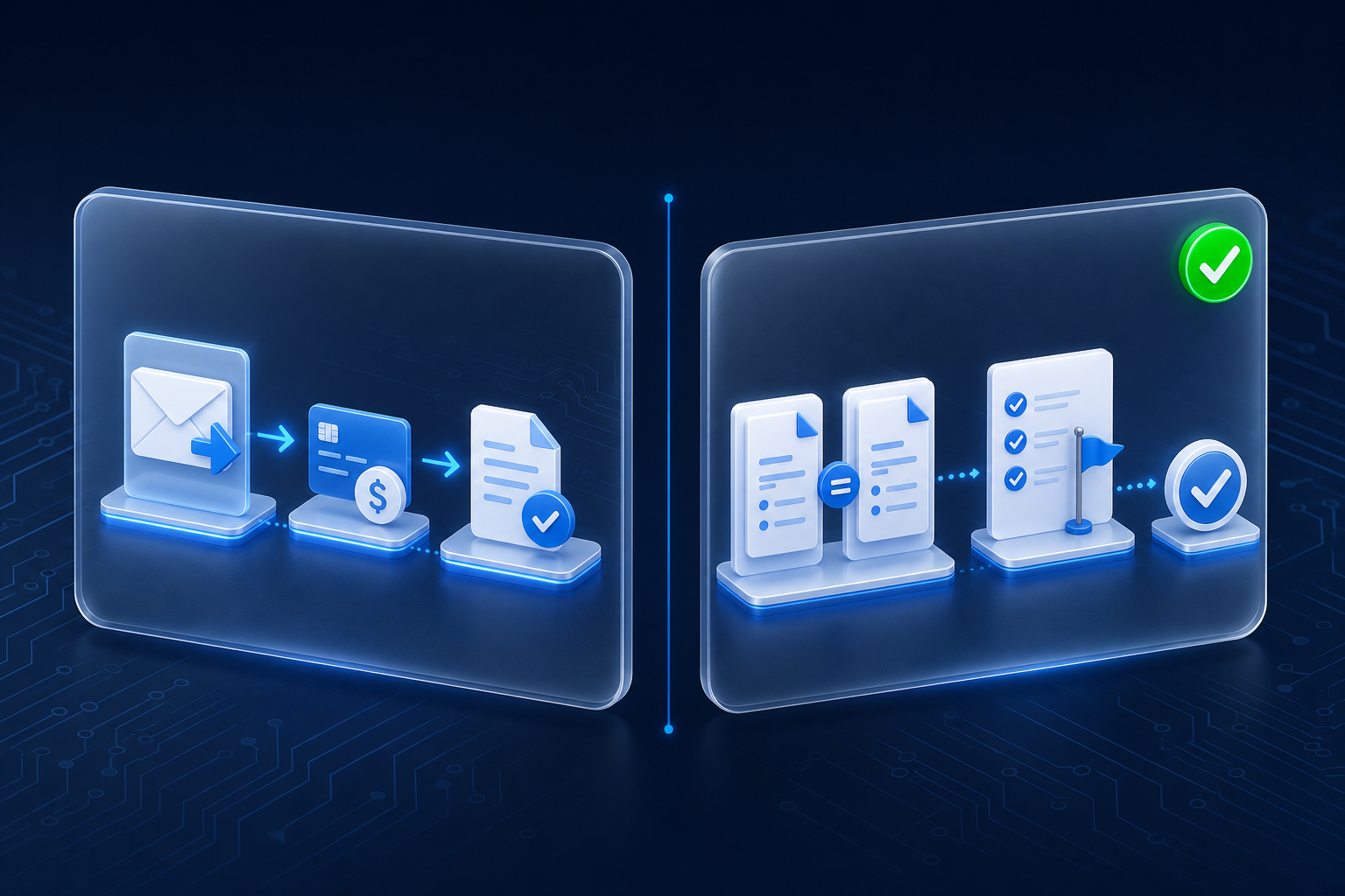 Two floating frosted-glass panels showing automation styles: left panel with action icons (envelope, payment, commit), right panel with verification icons (comparison, checkmark, flag) and a green check badge.