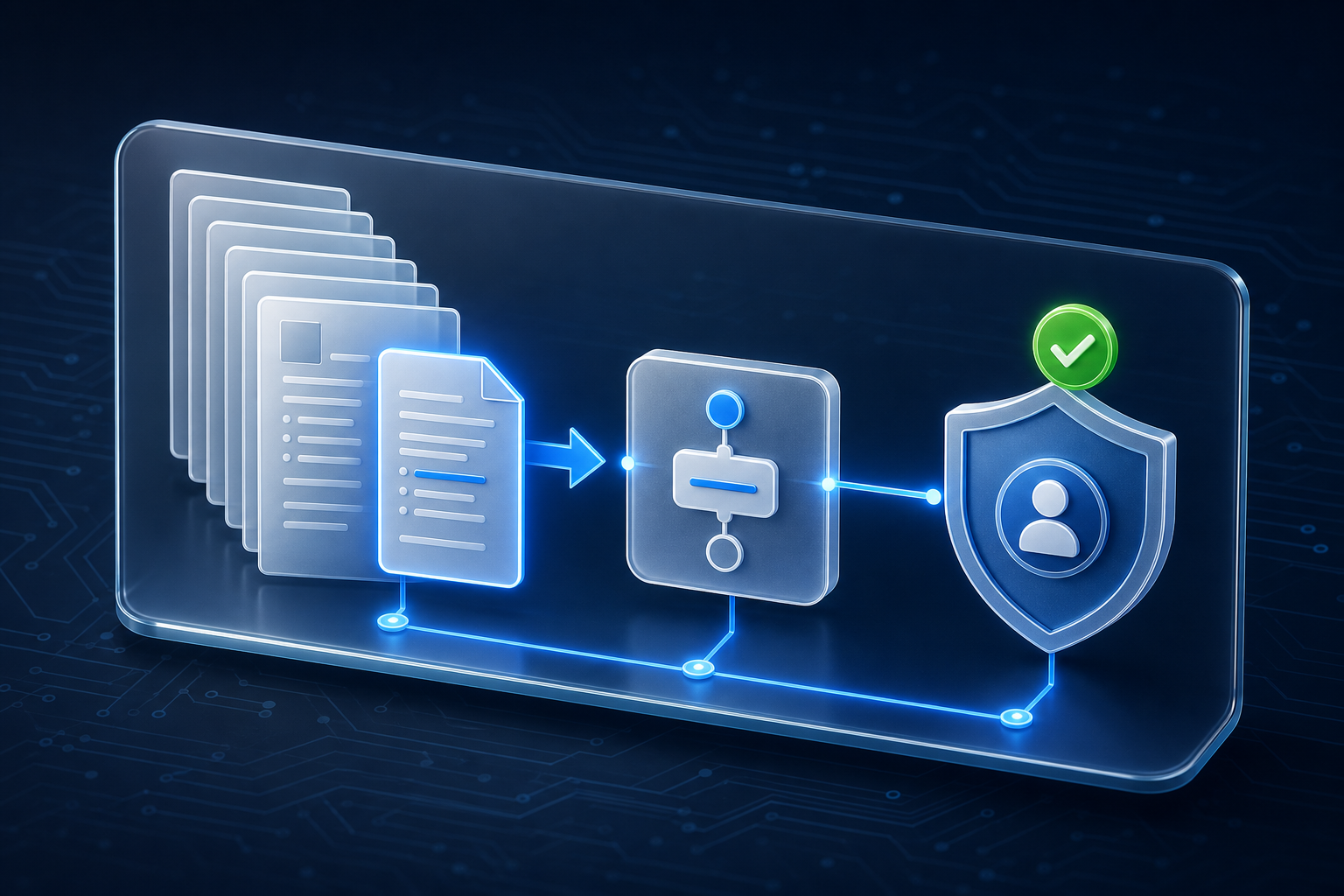 A procedure document transforming into a three-step automation workflow with human approval and success checkmark.