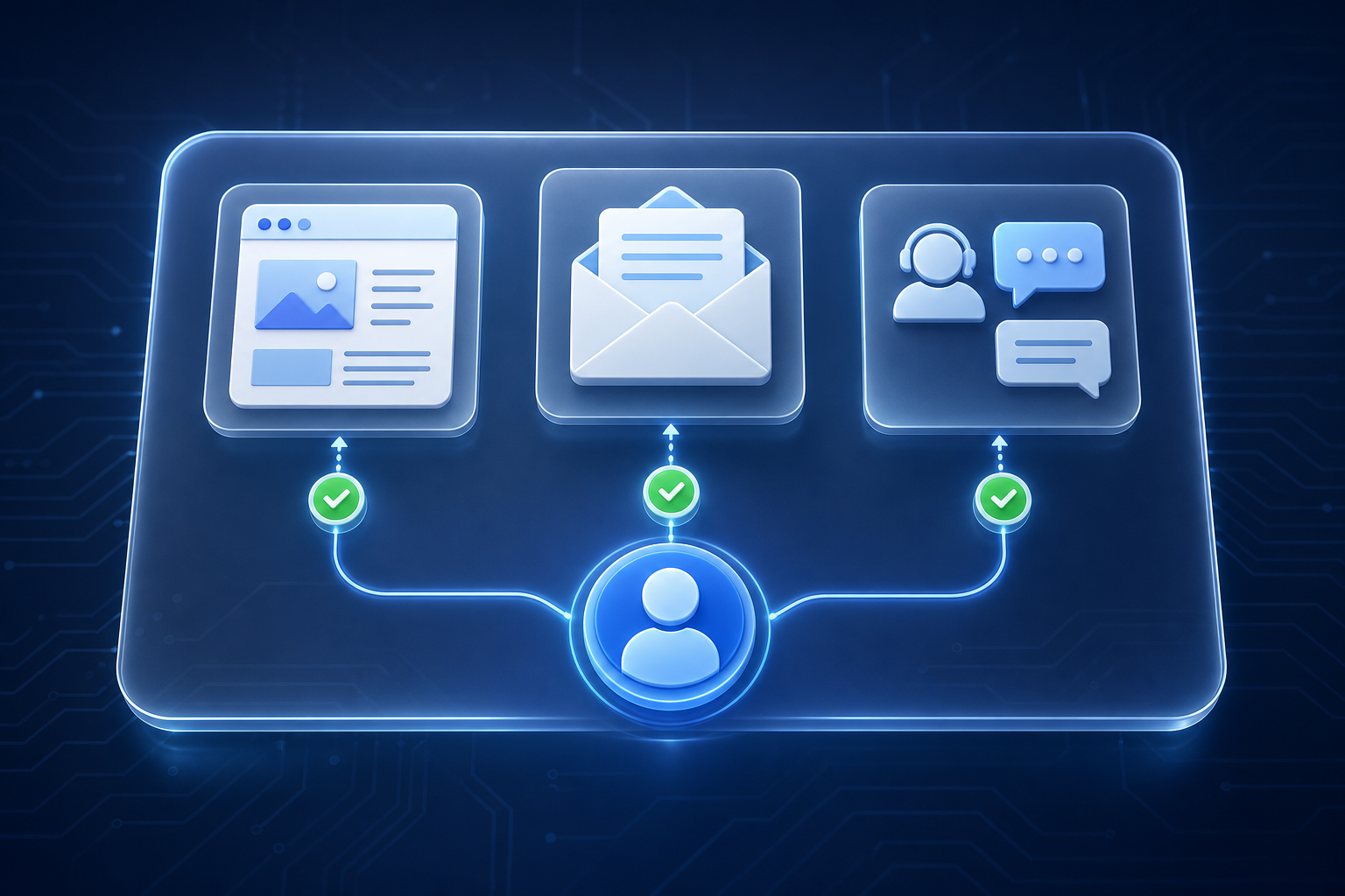Three communication channels (website, message, staff response) with blue connector lines flowing outward from a central ownership role badge toward a customer, marked by a green disclosure check.