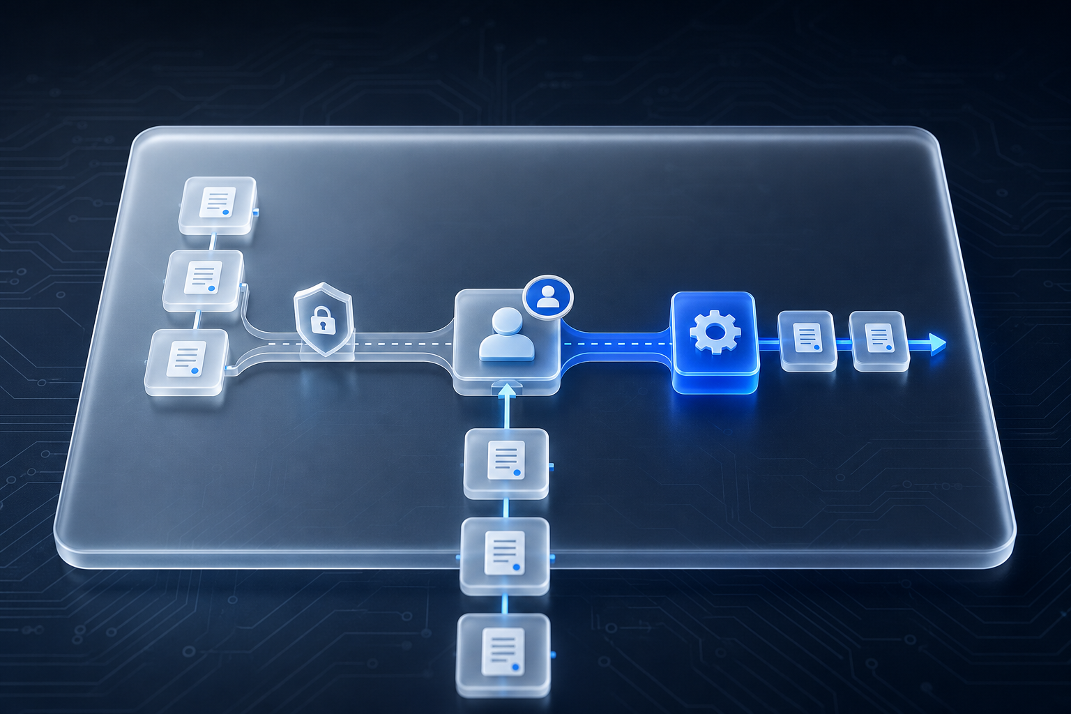 A frosted glass panel showing workflow branches at a human decision checkpoint, splitting automated tasks from deliberately protected manual work.