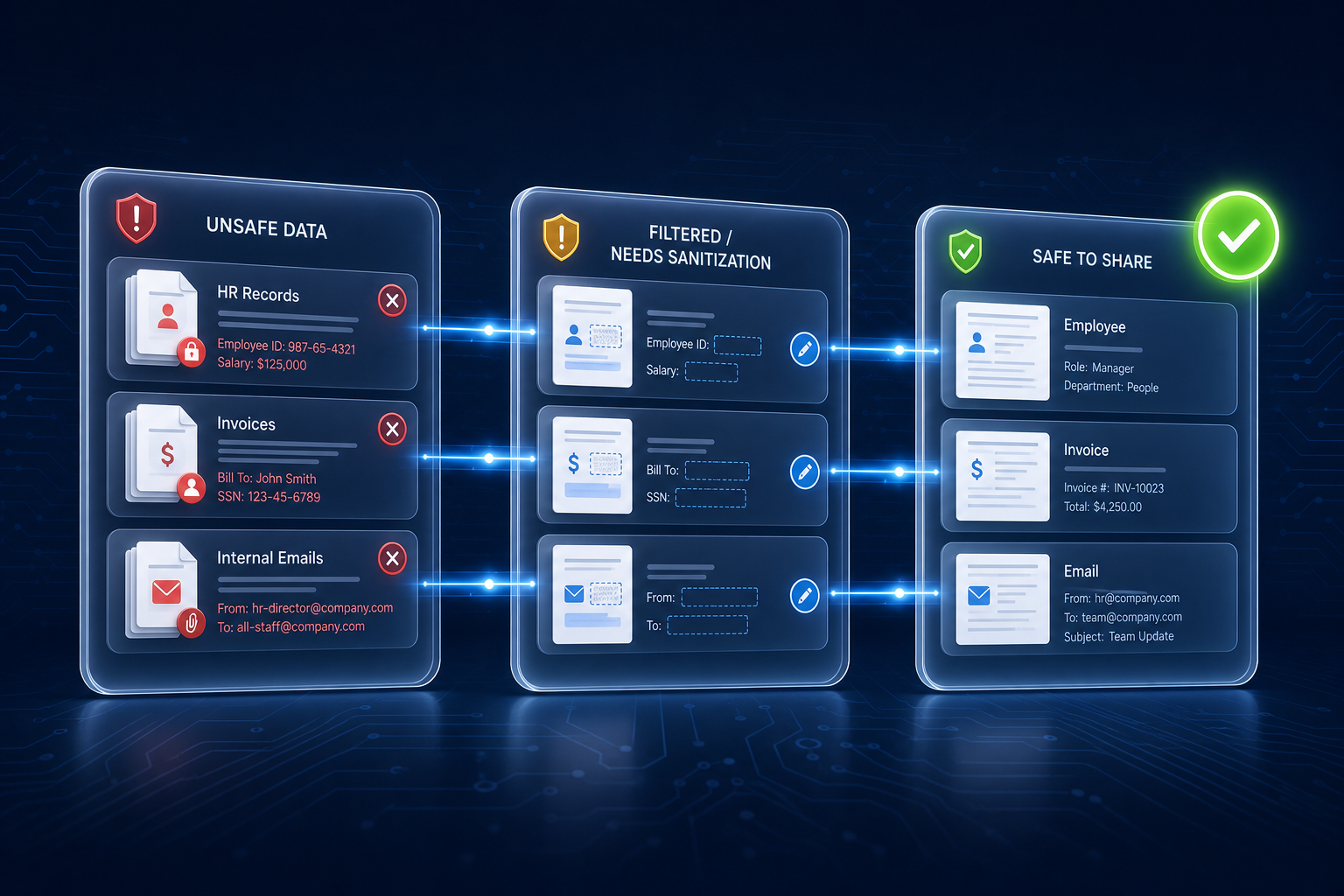 Three data-classification panels showing unsafe, filtered, and safe content for pasting into AI tools.