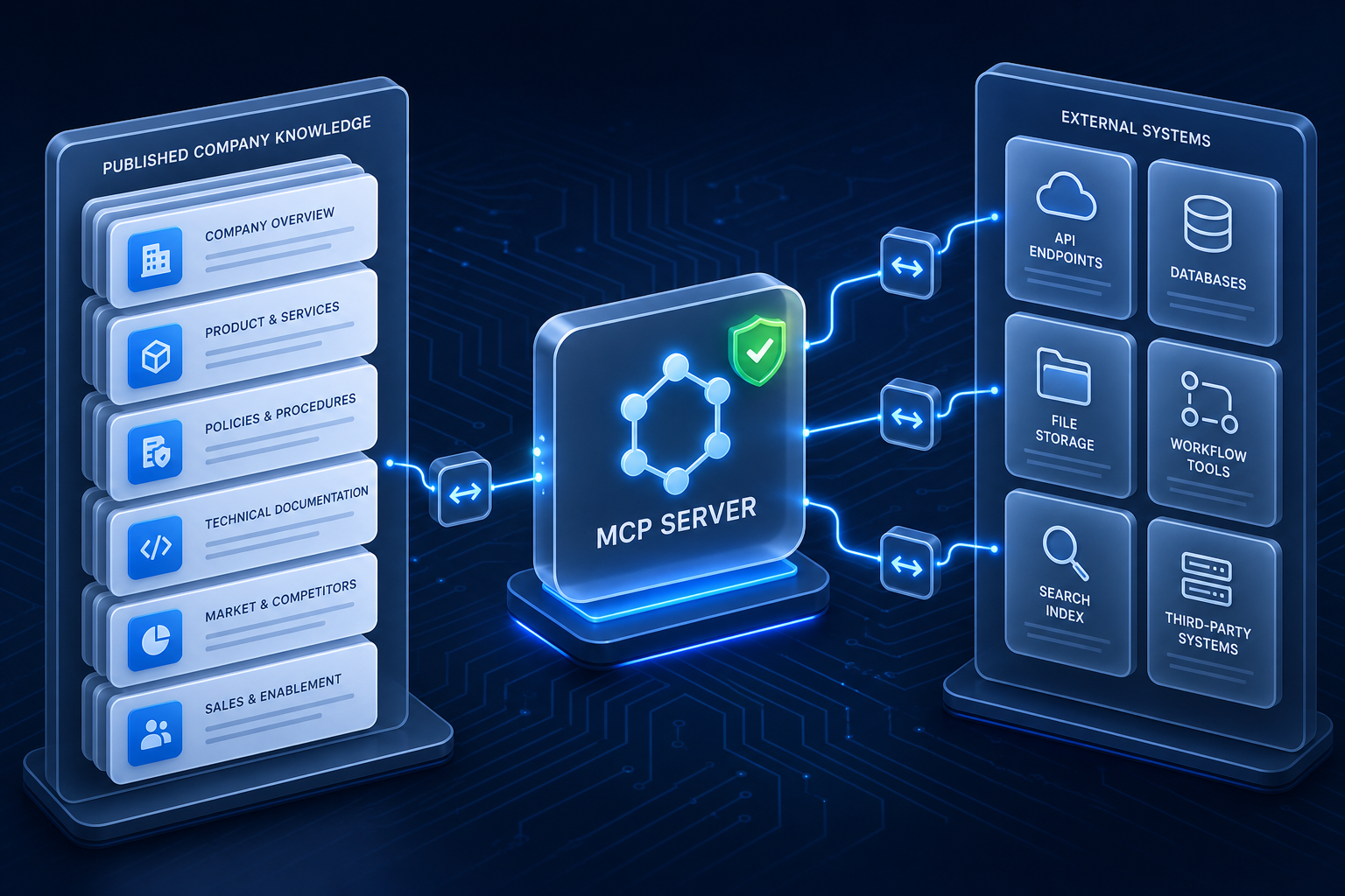 Scattered document, email, chat, and file storage icons floating disconnected on a frosted-glass panel, illustrating disorganized company knowledge.