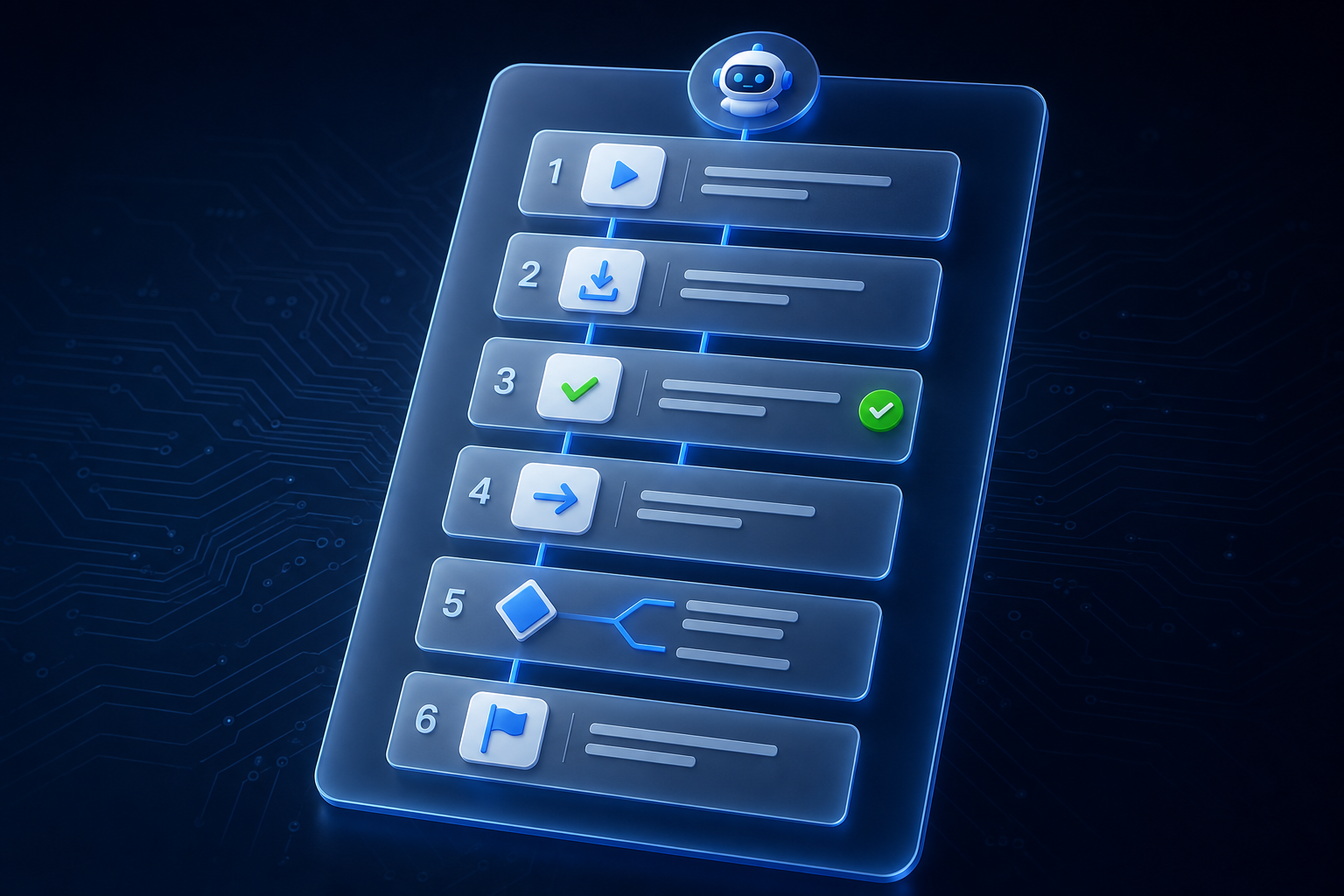 A vertical six-step procedure on a frosted-glass panel: numbered cards with trigger, input, precondition, action, decision, and stop-condition icons connected by blue flow lines, with a small agent badge at the top and a green check on the precondition step.
